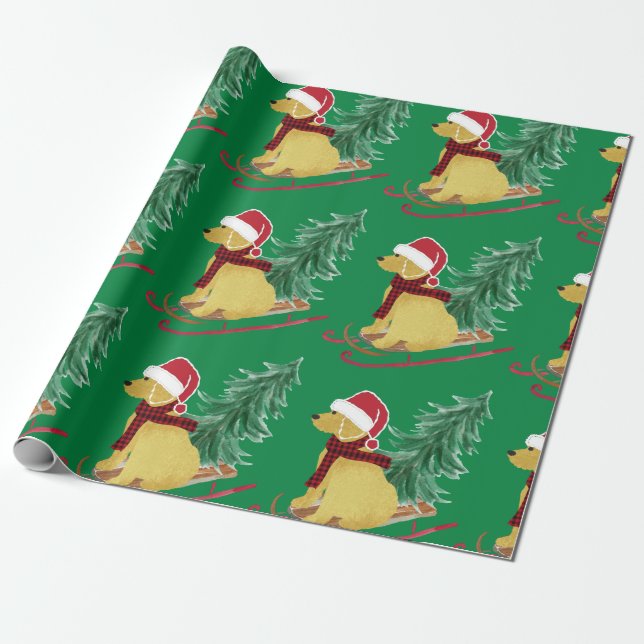 Goldendoodle Christmas Sled Green Wrapping Paper (Unrolled)