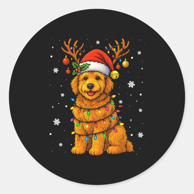 Goldendoodle Christmas Tee Reindeer Christmas Ligh Classic Round Sticker (Front)