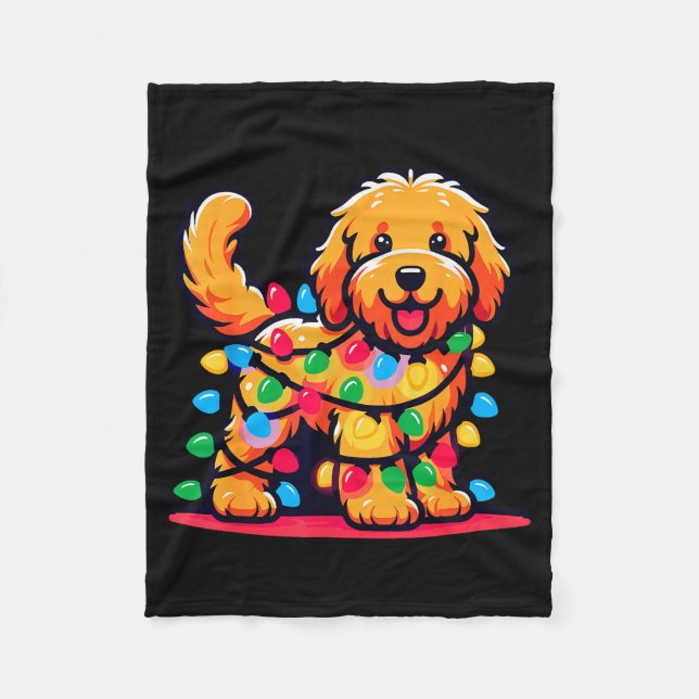 Goldendoodle Christmas Tree Xmas Lights Golden Doo Fleece Blanket (Front)