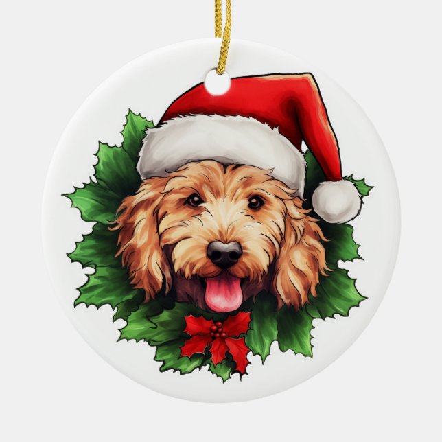 Goldendoodle Christmas Wreath Ceramic Tree Decoration (Front)