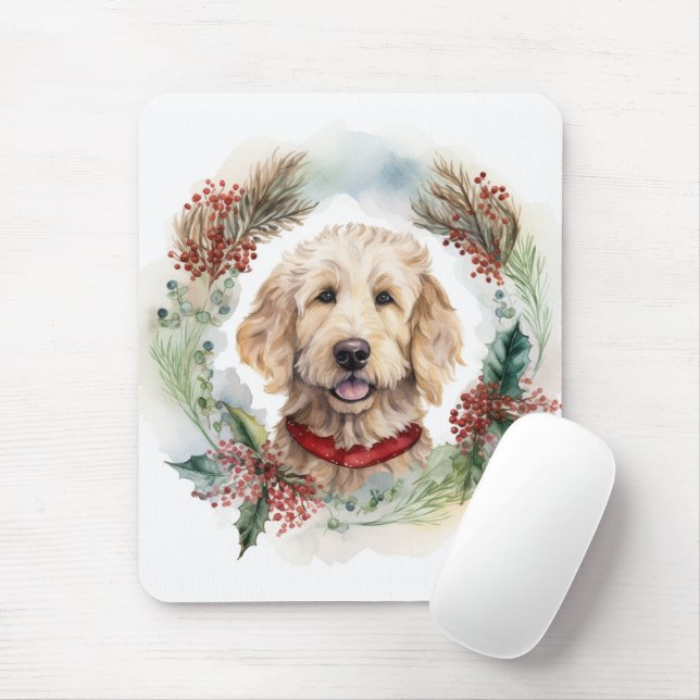 Goldendoodle Christmas Wreath Festive Pup Mouse Mat (With Mouse)