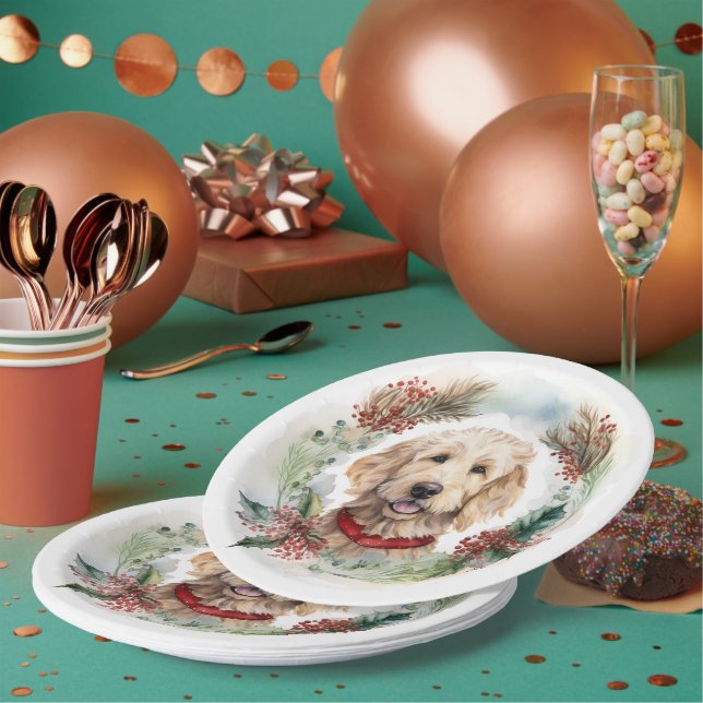 Goldendoodle Christmas Wreath Festive Pup Paper Plate (Multi)