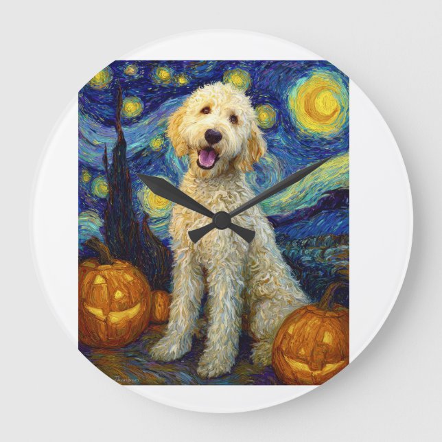 Goldendoodle Cute Dog Halloween Jack O Lantern Pum Large Clock (Front)