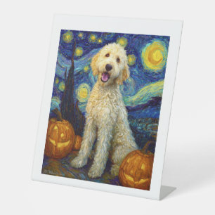 Goldendoodle Cute Dog Halloween Jack O Lantern Pum Pedestal Sign