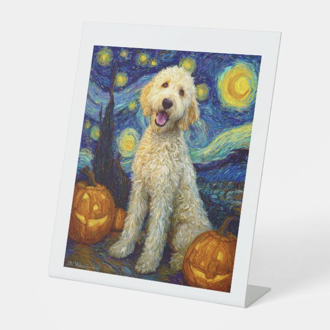 Goldendoodle Cute Dog Halloween Jack O Lantern Pum Pedestal Sign (Front)