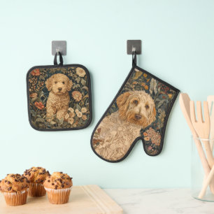Goldendoodle dog and puppy floral garden oven mitt & pot holder set