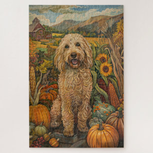 Goldendoodle Dog Autumn Harvest Thanksgiving Jigsaw Puzzle