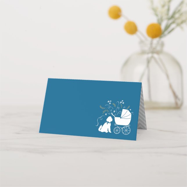 Goldendoodle Dog Baby Shower Boy Blue Place Card (Front)