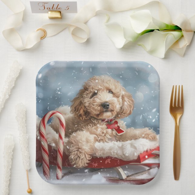 Goldendoodle Dog Christmas Festive  Paper Plate (Wedding)