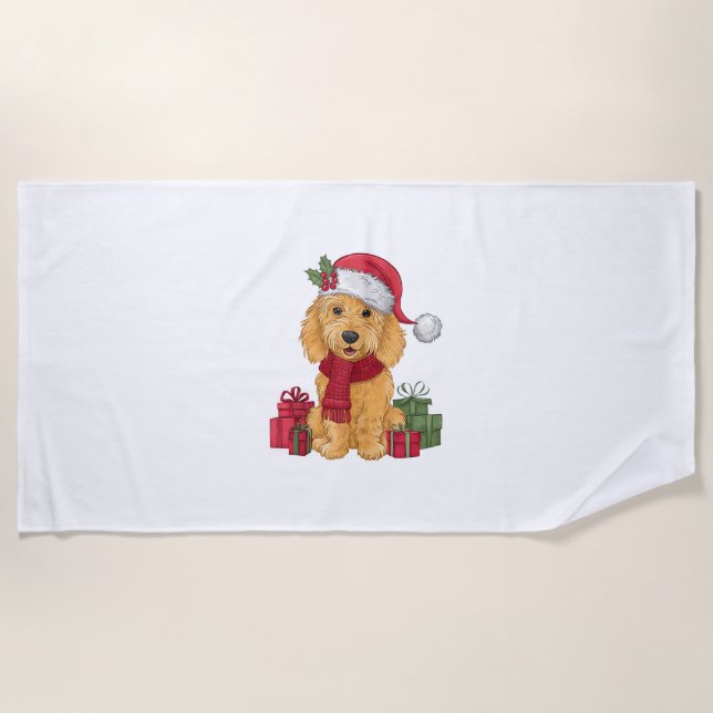 Goldendoodle Dog Christmas Outfits Santa Hat Dog X Beach Towel (Front)