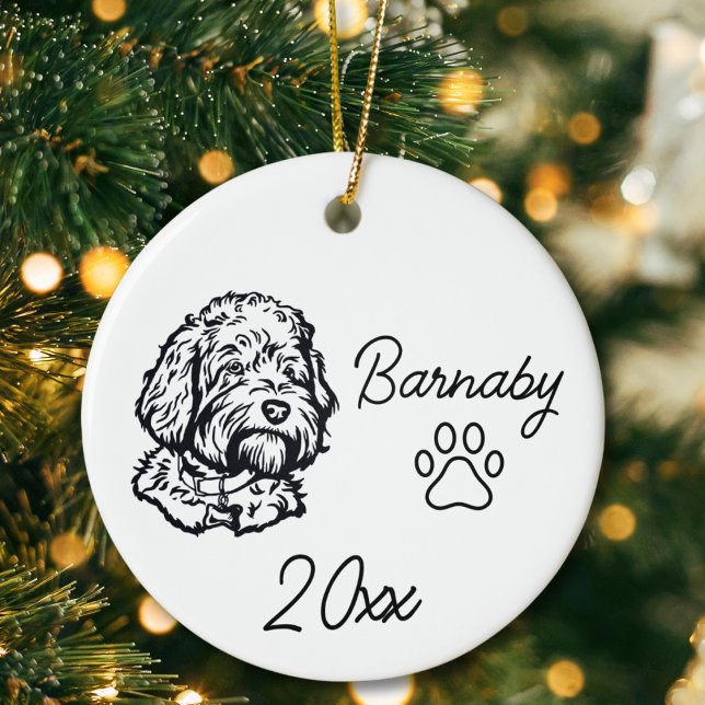 Goldendoodle Dog Custom Name & Year Line Art Ceramic Tree Decoration (Goldendoodle Dog Custom Name and Year Ornament with Paw Print. Black and White Line Art Modern)