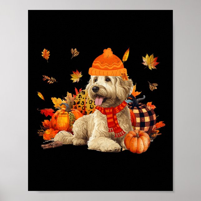 Goldendoodle Dog Fall Scarf Leopard Pumpkins Autum Poster (Front)