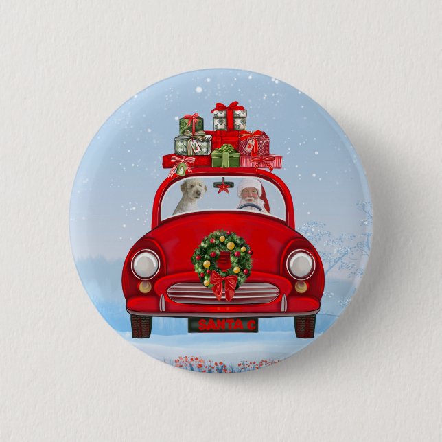 Goldendoodle Dog In Car With Santa Claus 6 Cm Round Badge (Front)