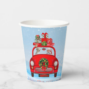 Goldendoodle Dog In Car With Santa Claus  Paper Cups