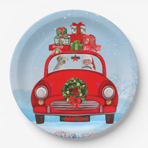 Goldendoodle Dog In Car With Santa Claus Paper Plate