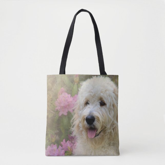 goldendoodle dog in hydrangea garden tote bag (Front)