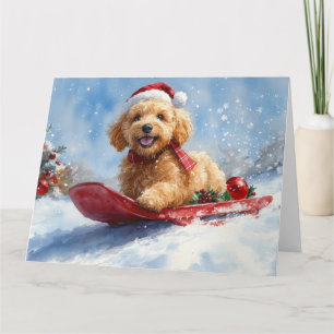 Goldendoodle Dog in Sledge Let it Snow Christmas Card