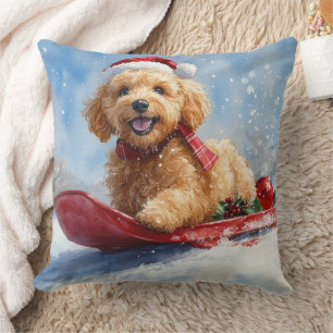Goldendoodle Dog in Sledge Let it Snow Christmas Cushion