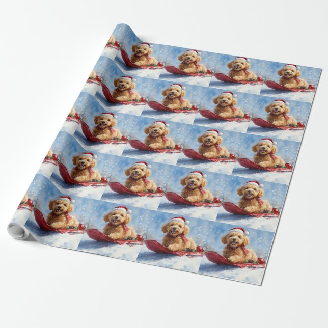 Goldendoodle Dog in Sledge Let it Snow Christmas Wrapping Paper (Unrolled)