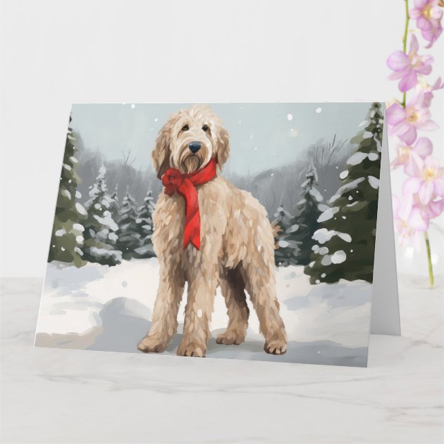Goldendoodle Dog in Snow Christmas  Card (Orchid)