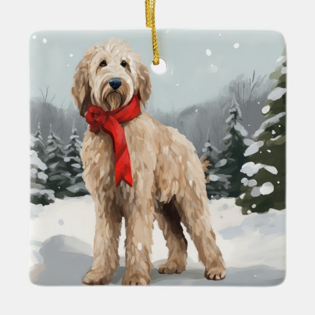 Goldendoodle Dog in Snow Christmas  Ceramic Ornament (Front)