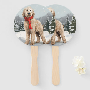 Goldendoodle Dog in Snow Christmas  Hand Fan