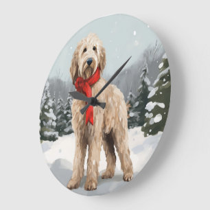 Goldendoodle Dog in Snow Christmas Large Clock