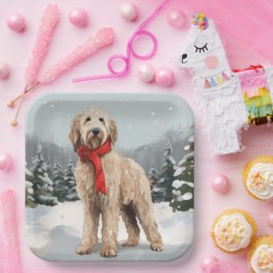 Goldendoodle Dog in Snow Christmas  Paper Plate