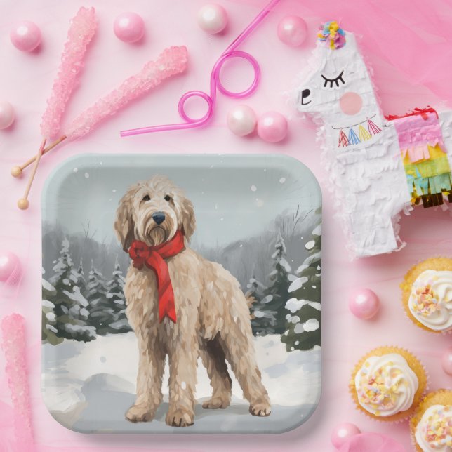 Goldendoodle Dog in Snow Christmas  Paper Plate (Party)