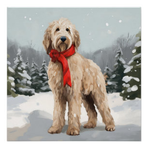 Goldendoodle Dog in Snow Christmas Poster