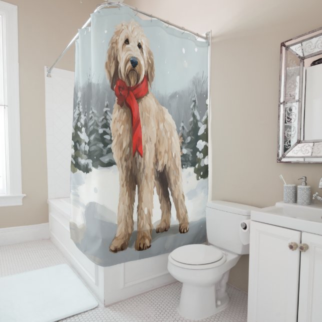 Goldendoodle Dog in Snow Christmas  Shower Curtain (In Situ)