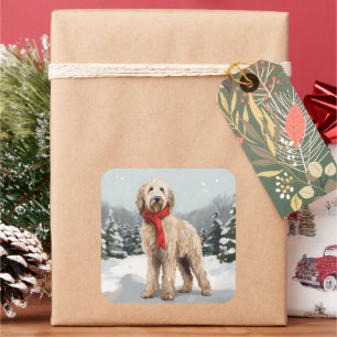 Goldendoodle Dog in Snow Christmas Square Sticker