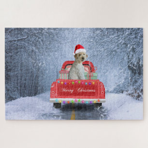 Goldendoodle Dog in Snow sitting in Christmas Jigsaw Puzzle