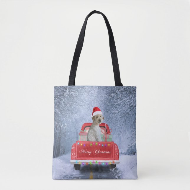 Goldendoodle Dog in Snow sitting in Christmas  Tote Bag (Front)