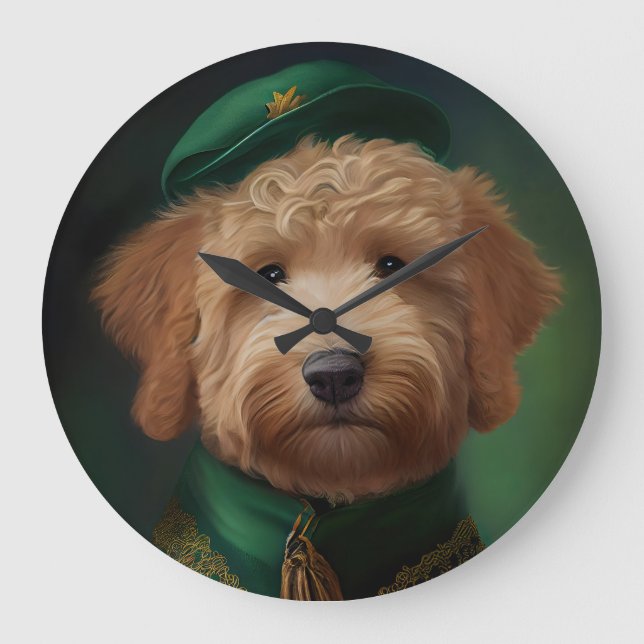 Goldendoodle  Dog in St. Patrick's Day Dress Large Clock (Front)