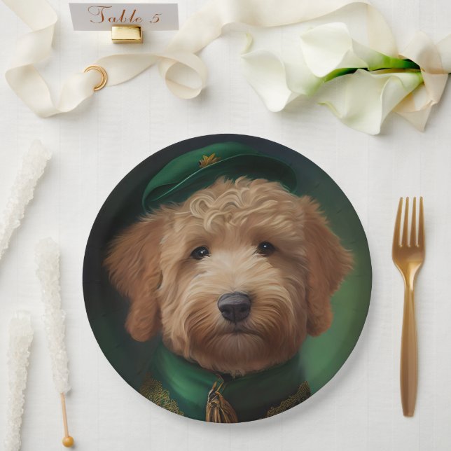 Goldendoodle  Dog in St. Patrick's Day Dress Paper Plate (Wedding)