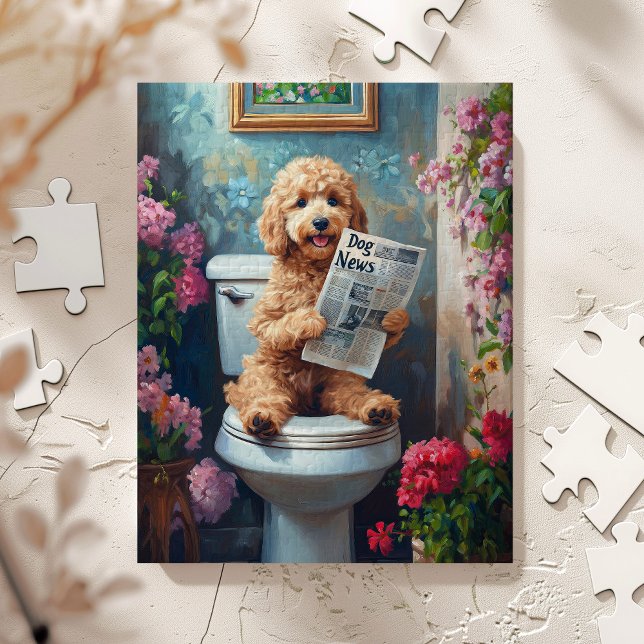 Goldendoodle Dog on Toilet Funny Jigsaw Puzzle (Doodle on Toilet)