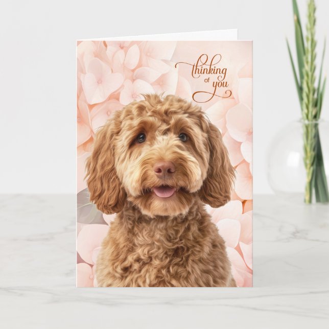 Goldendoodle Dog Peach Hydrangea Thinking of You Card (Front)