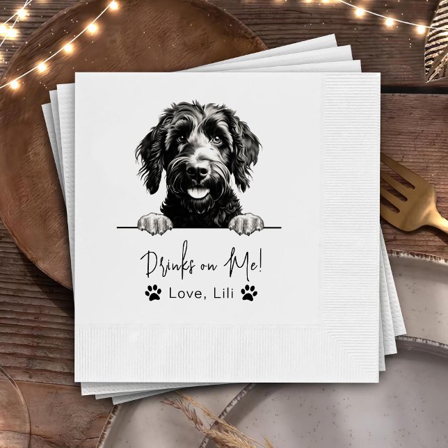 Goldendoodle Dog Personalised Drinks On Me Napkin (Creator Uploaded)
