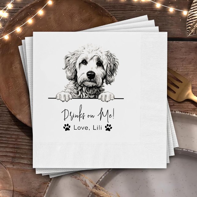Goldendoodle Dog Personalised Drinks On Me Napkin (Creator Uploaded)