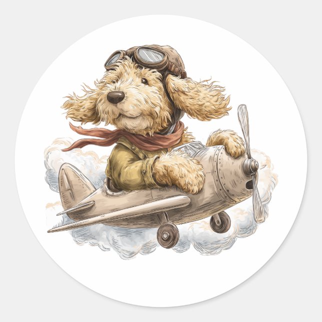 Goldendoodle Dog Pilot Aeroplane Classic Round Sticker (Front)