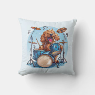 Goldendoodle Dog Playing Drums Cushion