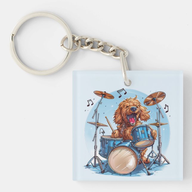 Goldendoodle Dog Playing Drums Key Ring (Front)