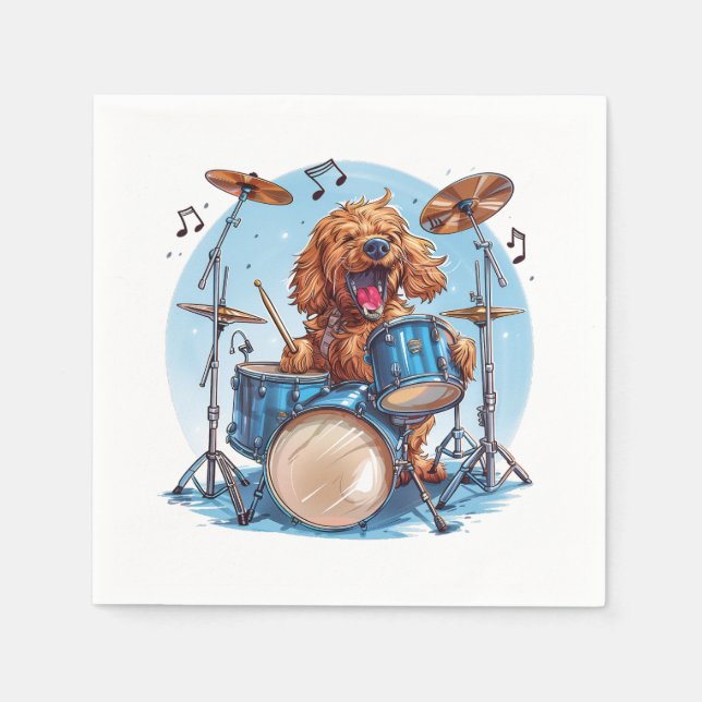 Goldendoodle Dog Playing Drums Napkin (Front)