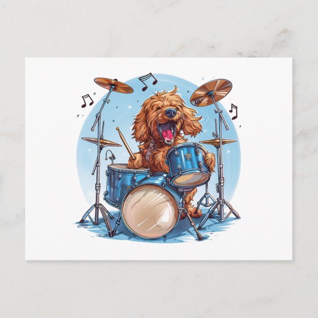 Goldendoodle Dog Playing Drums Postcard (Front)