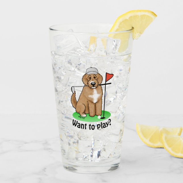 Goldendoodle Dog Playing Golf (red whmk2) Cute Fun Glass (Back Ice)
