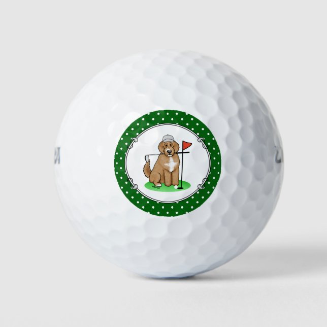 Goldendoodle Dog Playing Golf (red whmk2) Cute Fun Golf Balls (Front)