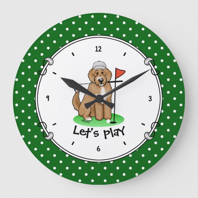 Goldendoodle Dog Playing Golf (red whmk2) Cute Fun Large Clock (Front)