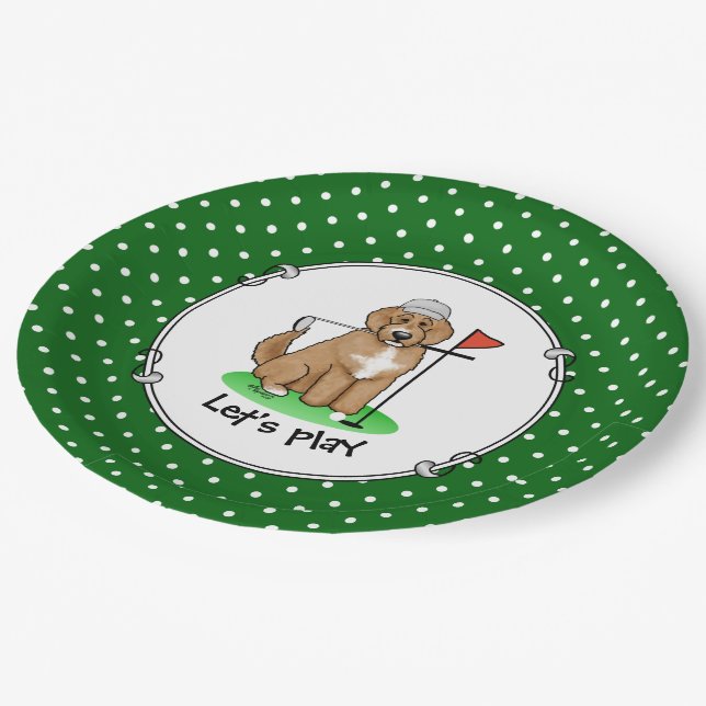 Goldendoodle Dog Playing Golf (red whmk2) Cute Fun Paper Plate (Angled)