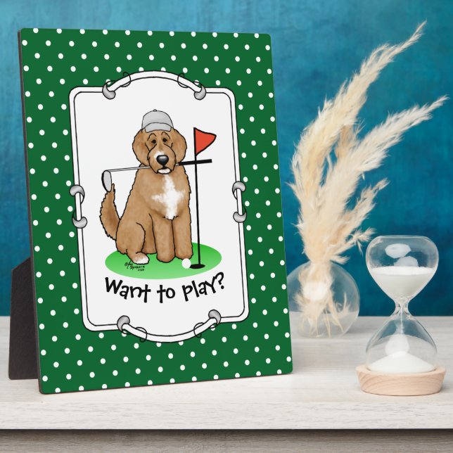 Goldendoodle Dog Playing Golf (red whmk2) Cute Fun Plaque (Side)